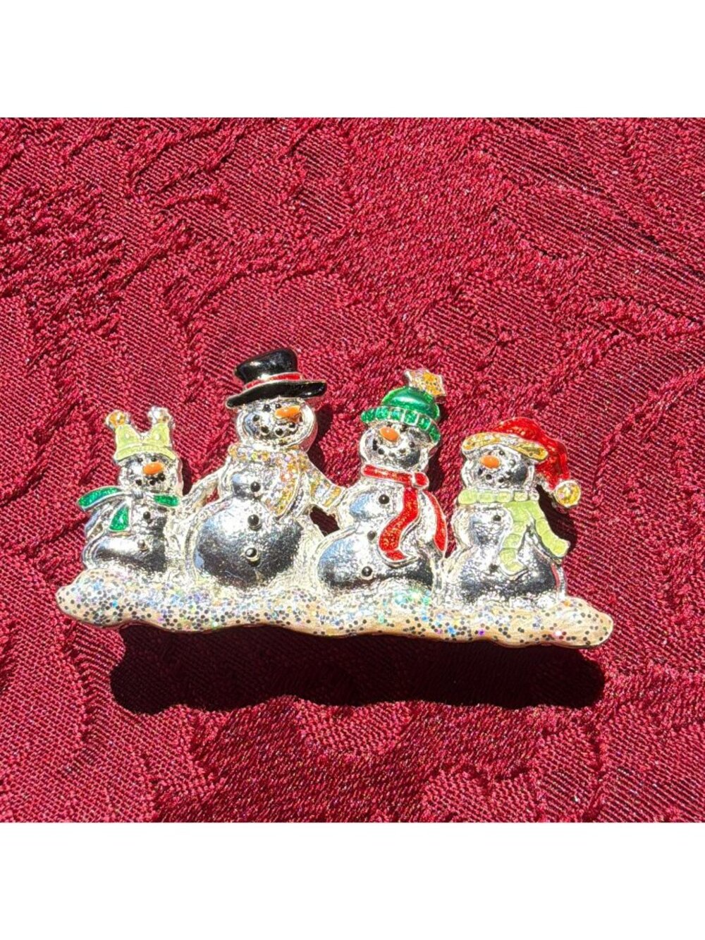 Vintage Enamel Snowman Family Brooch Pin Silver Tone Christmas Holiday 2.5 Inch